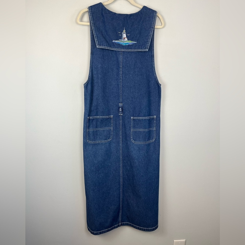 Vintage Haiks MEDIUM Nautical Denim Maxi Jumper Dress Art To Wear Coastal Sailor